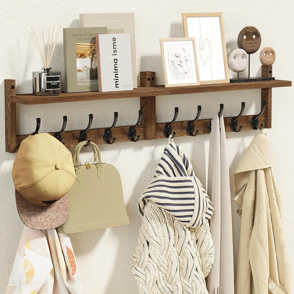 AMBIRD 34.2 inch Wooden Extra-Long Wall Hook Rack with Shelf - Versatile and ...