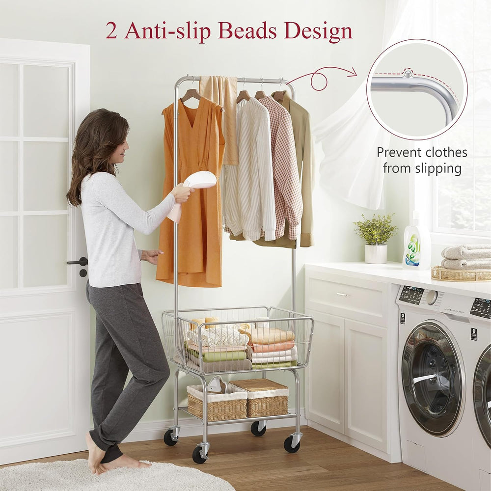 Tajsoon Rolling Laundry Cart with Hanging Rack & Laundry Basket, Silver