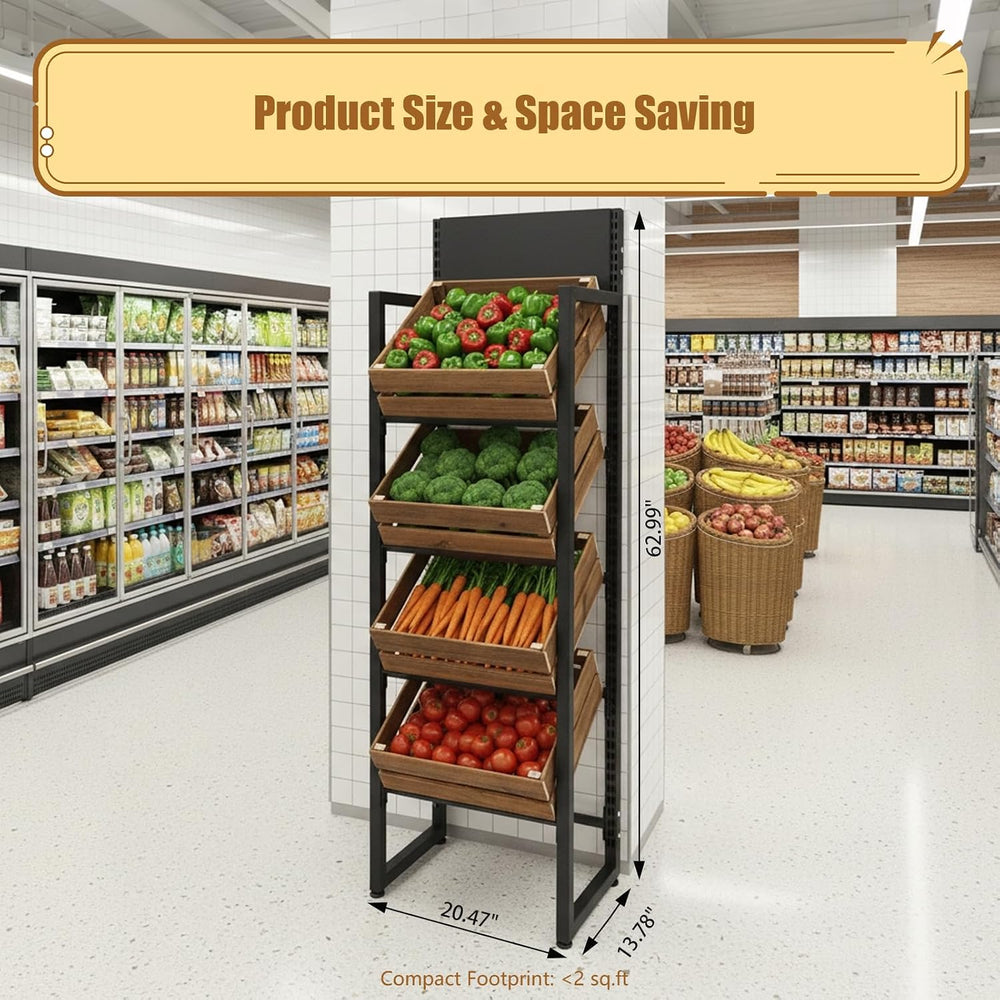 4-Tier Wood Fruit Vegetable Storage Basket Stand, Market Retail Display Rack ...