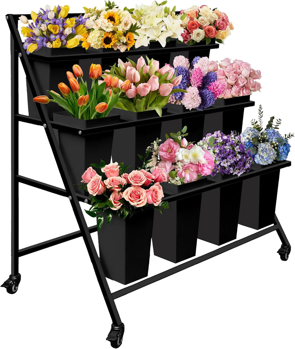 PROLEE Flower Display Stand, 3-Tier Flower Cart with 12 Rectangular Buckets, ...