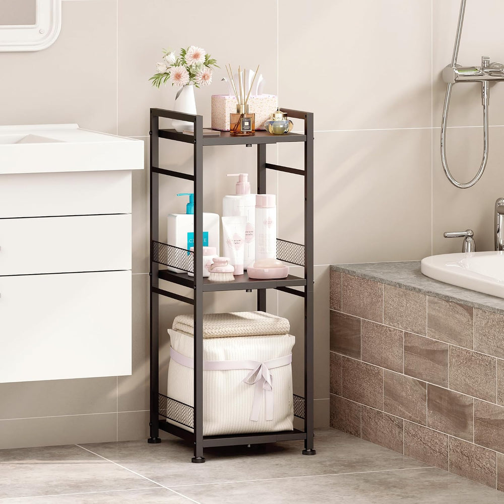 3-Tier-Narrow-Metal-Shelving-Unit, Expandable Bathroom Laundry Shelves
