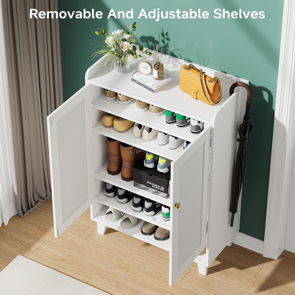 Flat-Shelf Shoe Cabinet with Doors，6-Tier Shoes Storage Cabinet with Adjustab...