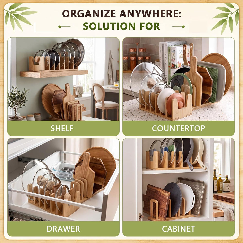 2 Pack Bamboo Cabinet Organizer, Board Rack & Pot Lid Holder