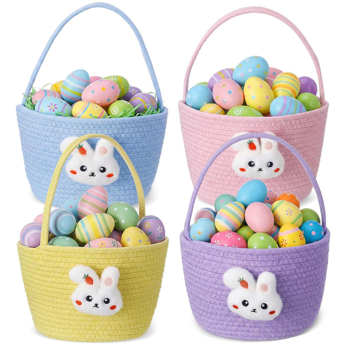 4 Pcs Easter Basket Woven Bunny Bags with Handle Hunting Hunt Bucket Empty Egg Basket with Bunny Accessories for Easter Gift Egg Hunts Party Decorations (4 Colors)