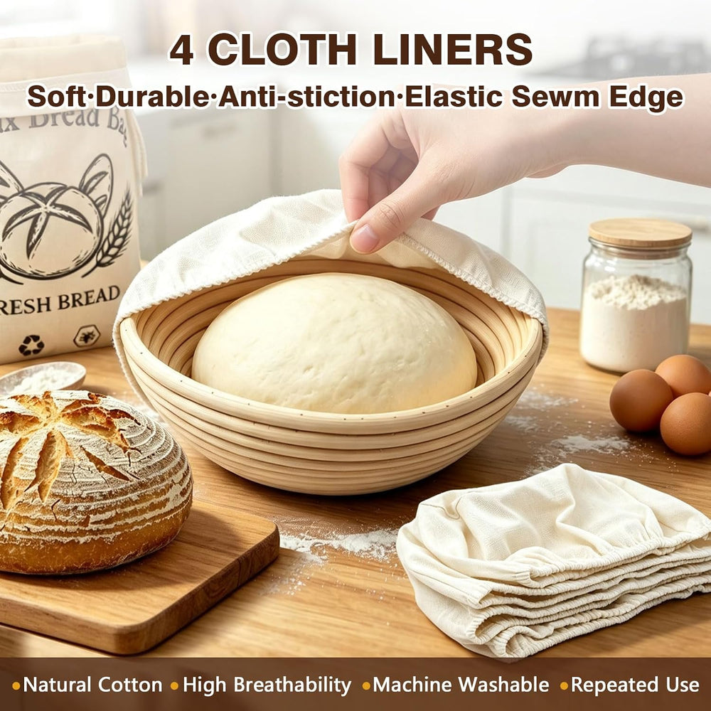 2-Pack Banneton Bread Proofing Basket with Beeswax Bread Bag & 4pcs liners
