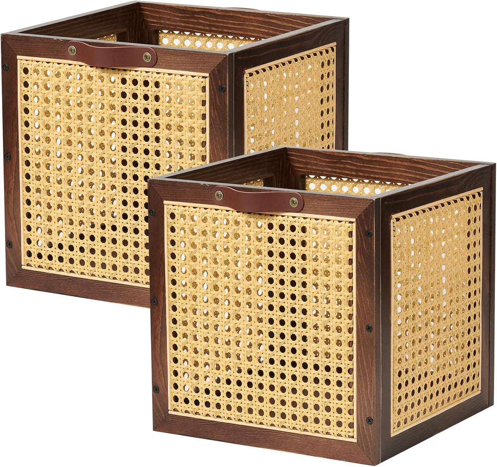 2PCS Rattan Storage Cubes Decorative Handmade Wooden Basket Box
