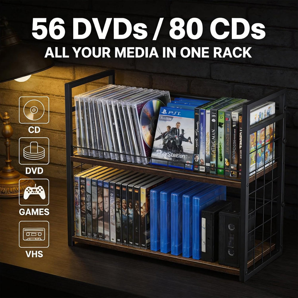 2-Tier DVD Storage Rack 2 Pack, Holds 112 DVDs (160 CDs), Metal Frame Media H...
