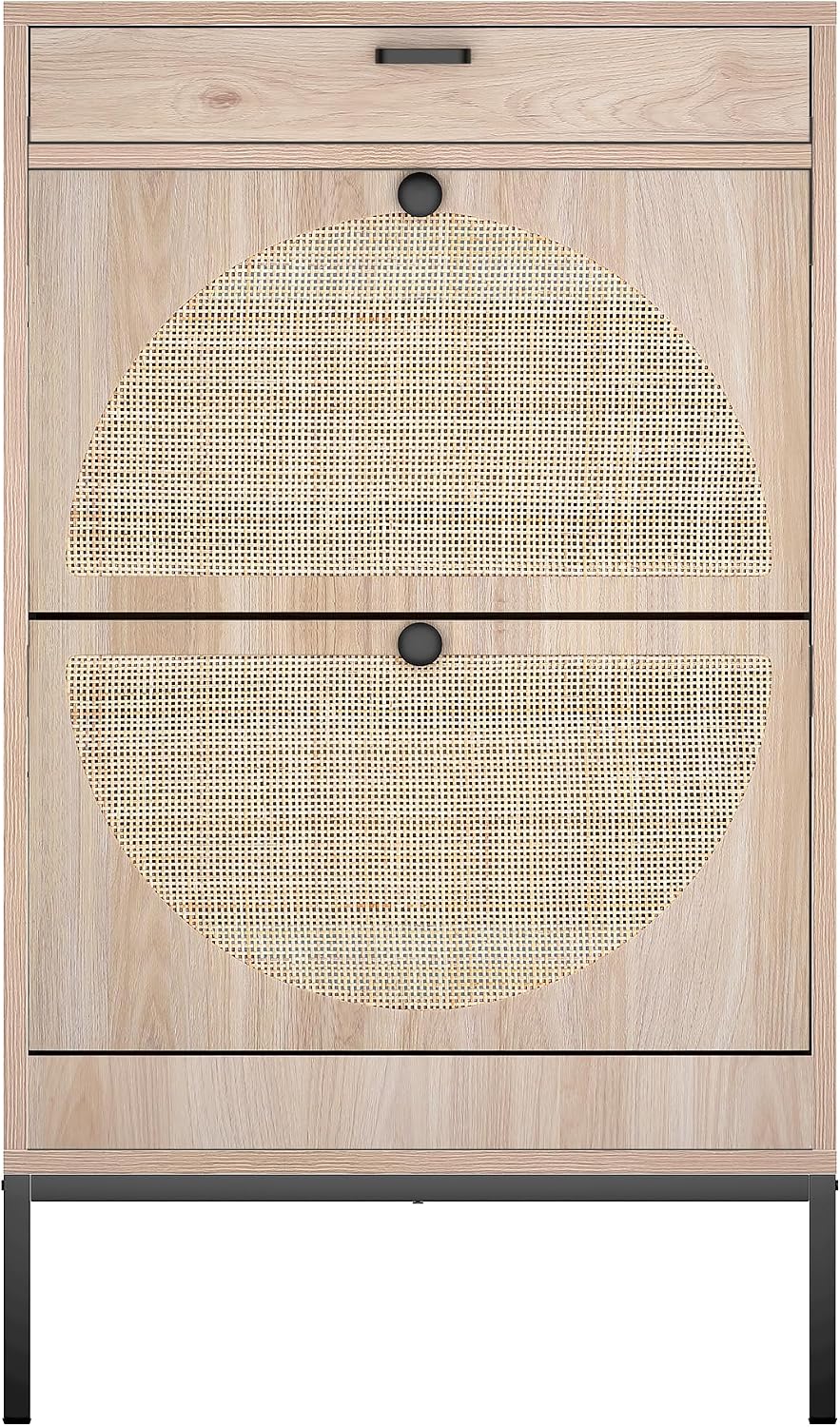 XIAO WEI Cabinet With 2 Rattan Curved Pattern Flip Drawers, Freestanding Shoe...