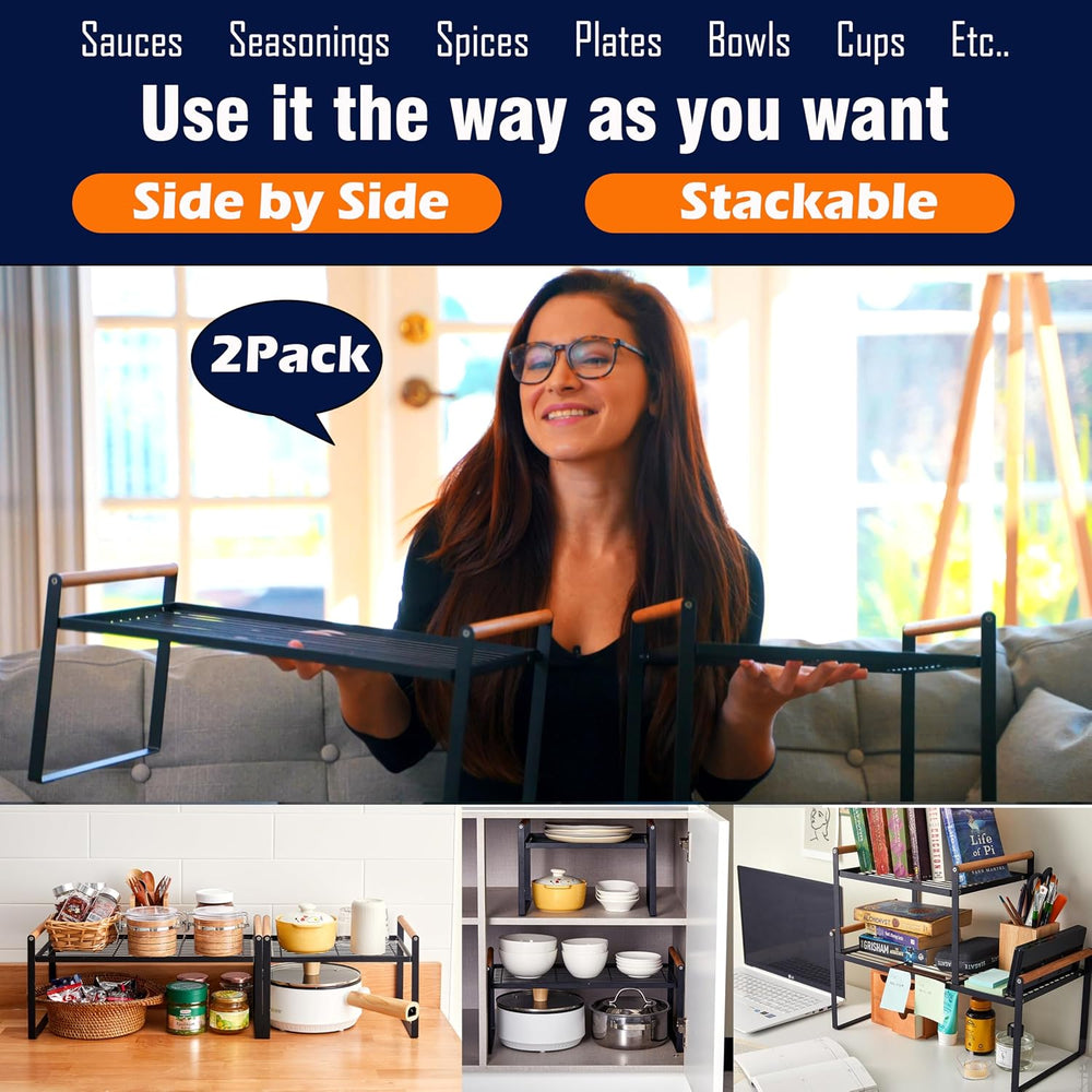 Kitchen Cabinet Organizer Set of 2 with Wooden Handles