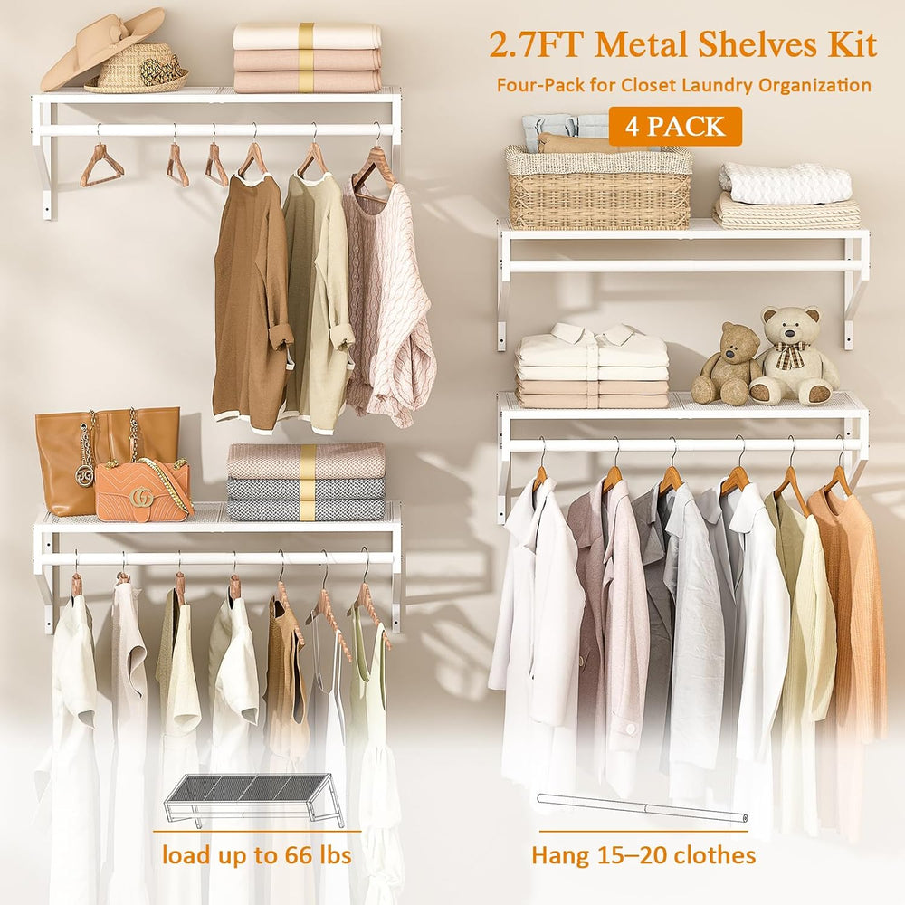 ThreeHio 4 Pack Closet Shelves Wall Mounted, 2.7 ft x 11.8in Wire Closet Shel...