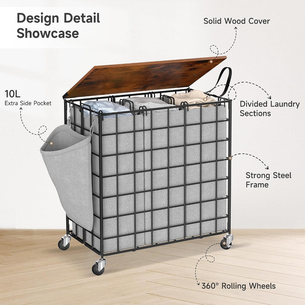 Laundry Basket with Wheels, Heavy Duty Laundry Sorter 3 Sections, 140L (37Gal...