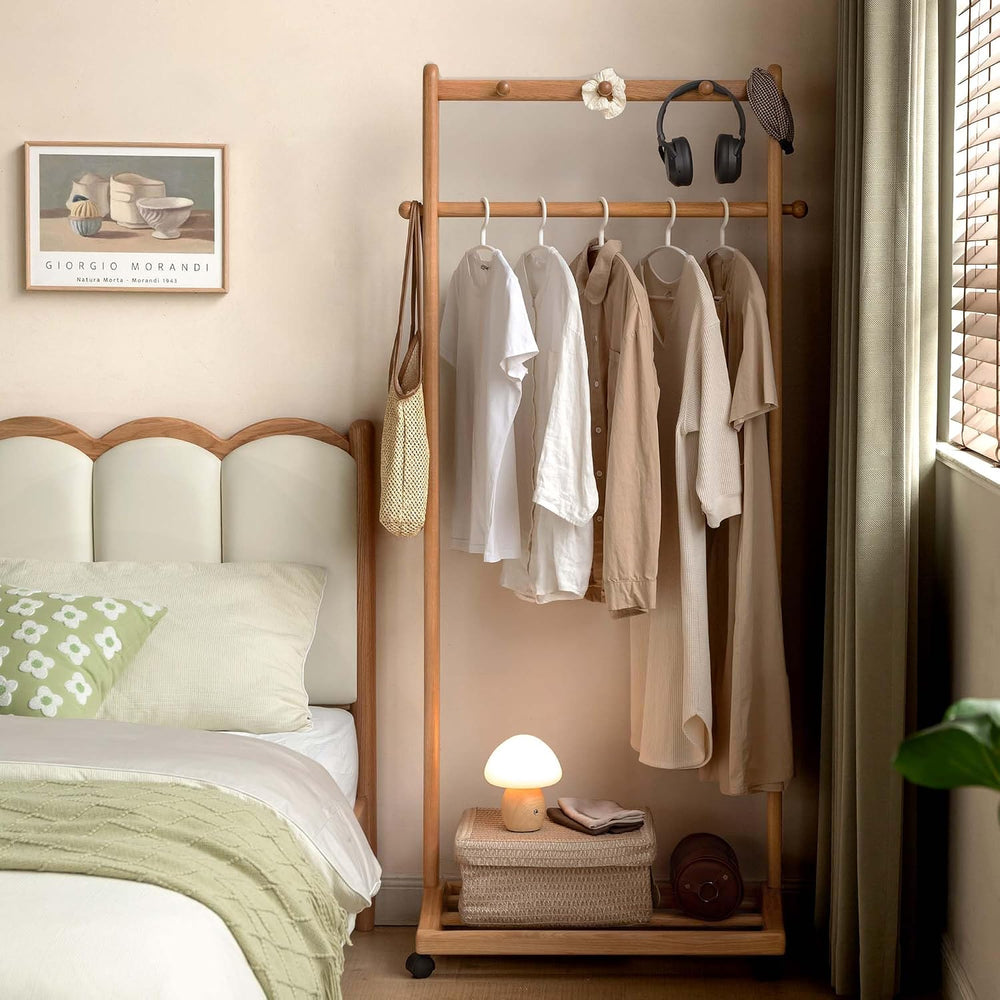 Solid Wood Clothes Rack, Rolling Garment Rack with Wheels & Shelves Stora...