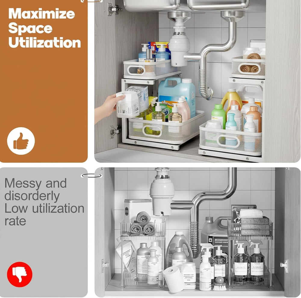 2 Pack Under Sink Organizer, Dual-Layer Pull Out Mesh Cabinet Rack with 5-Lev...
