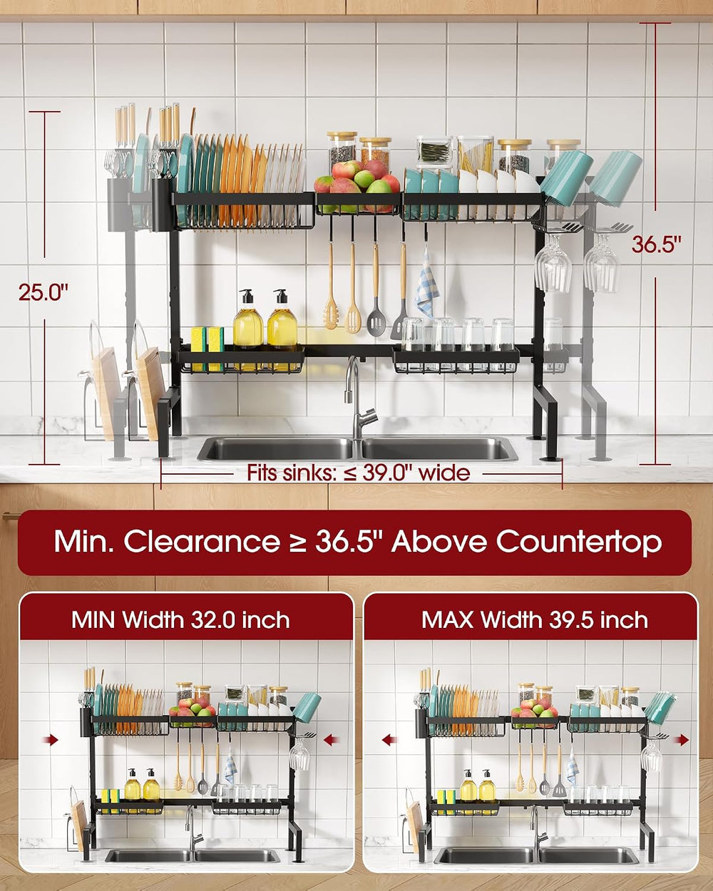 2-Tier Over the Sink Dish Drying Rack, 32"-39.5" L, Black