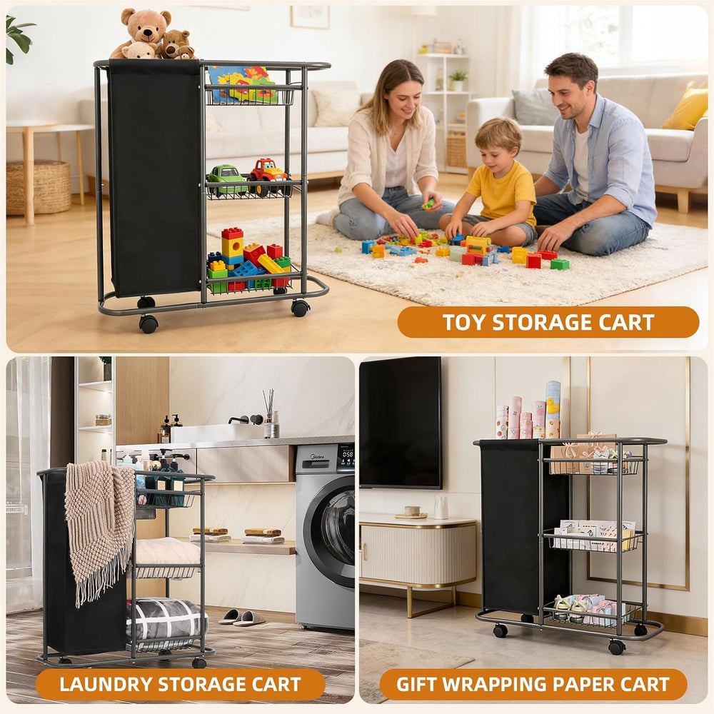3-Tier Rolling Laundry Cart with Wheels and 45L Bag, Black