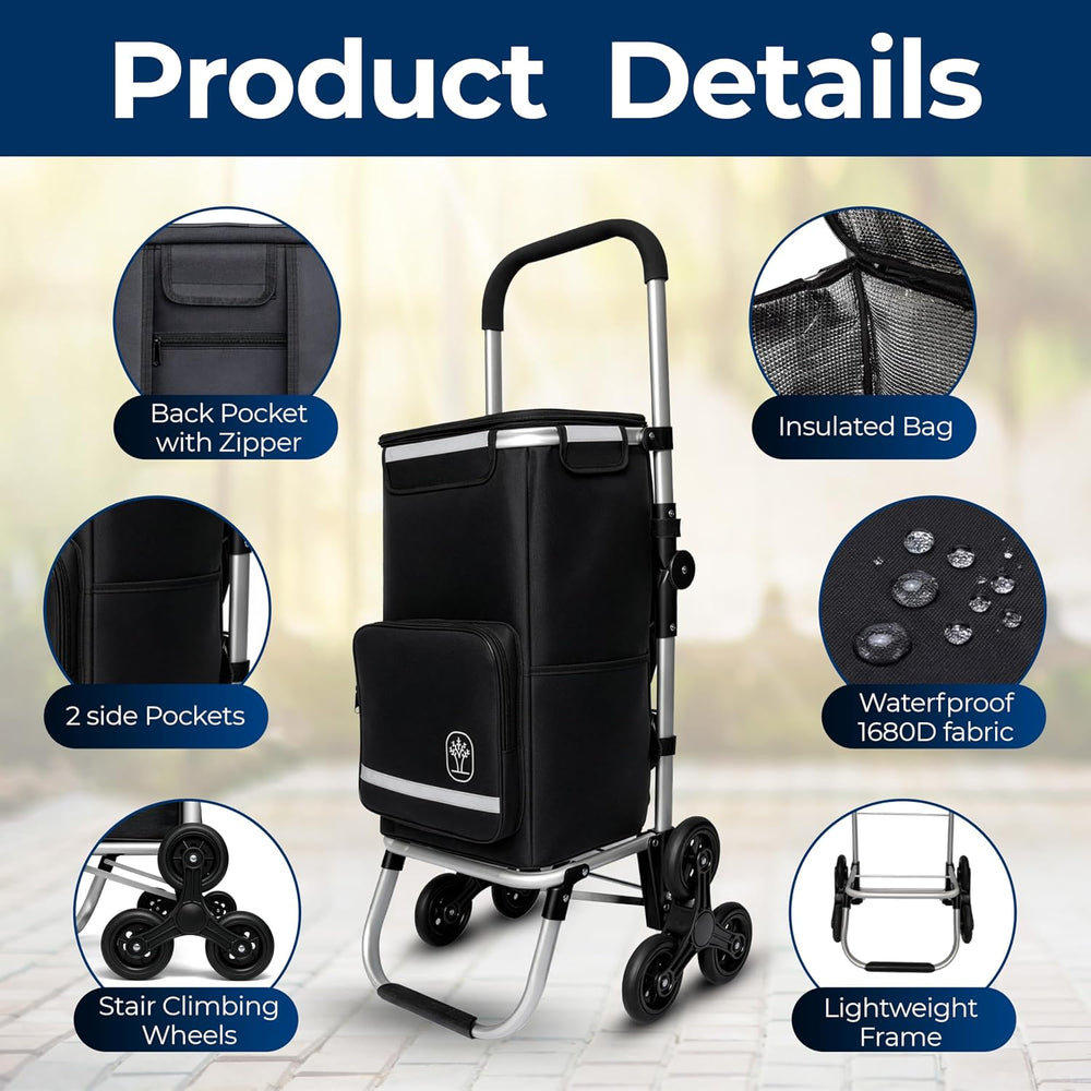 Foldable Stair Climbing Shopping Cart with Wheels – 3-in-1 Grocery Trolley, B...