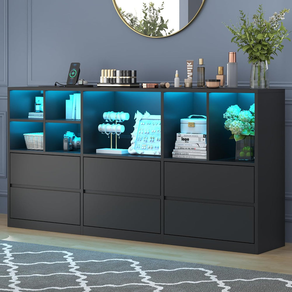 Black 6 Drawers Dresser with 7 Storage Cubbies, LED Lights, Power Outlets