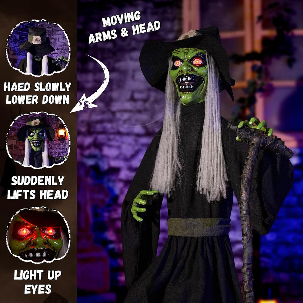 Halloween Animatronic Jump-Scare Witch Decoration, Sound Activated, Red Eyes,...