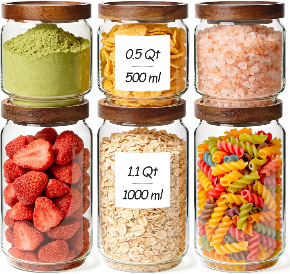 ComSaf Glass Pantry Storage Container with Acacia Wood Lids 1.1/0.5Qt 6Pack