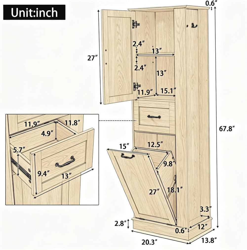 Virubi Tall Storage Cabinet, Tall Laundry Cabinet with Tilt-Out Hamper and Dr...