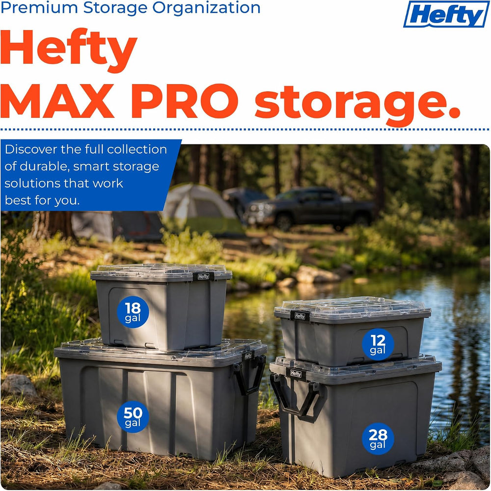 Hefty MAX Pro 28 Gal Storage Bins with Clear Lids, Stackable, 4 Pack, Grey