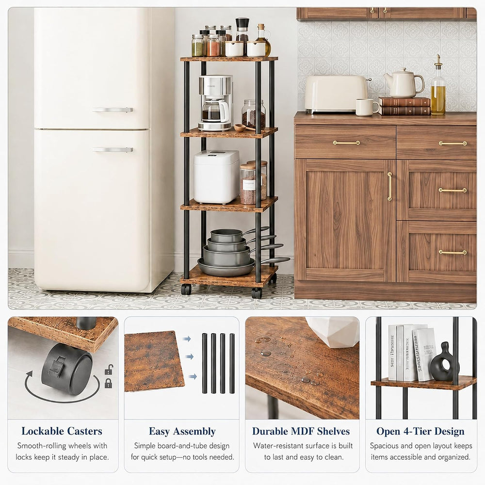 4-Tier 38.2" Tall Rustic Brown Bathroom Shelving Unit with Wheels