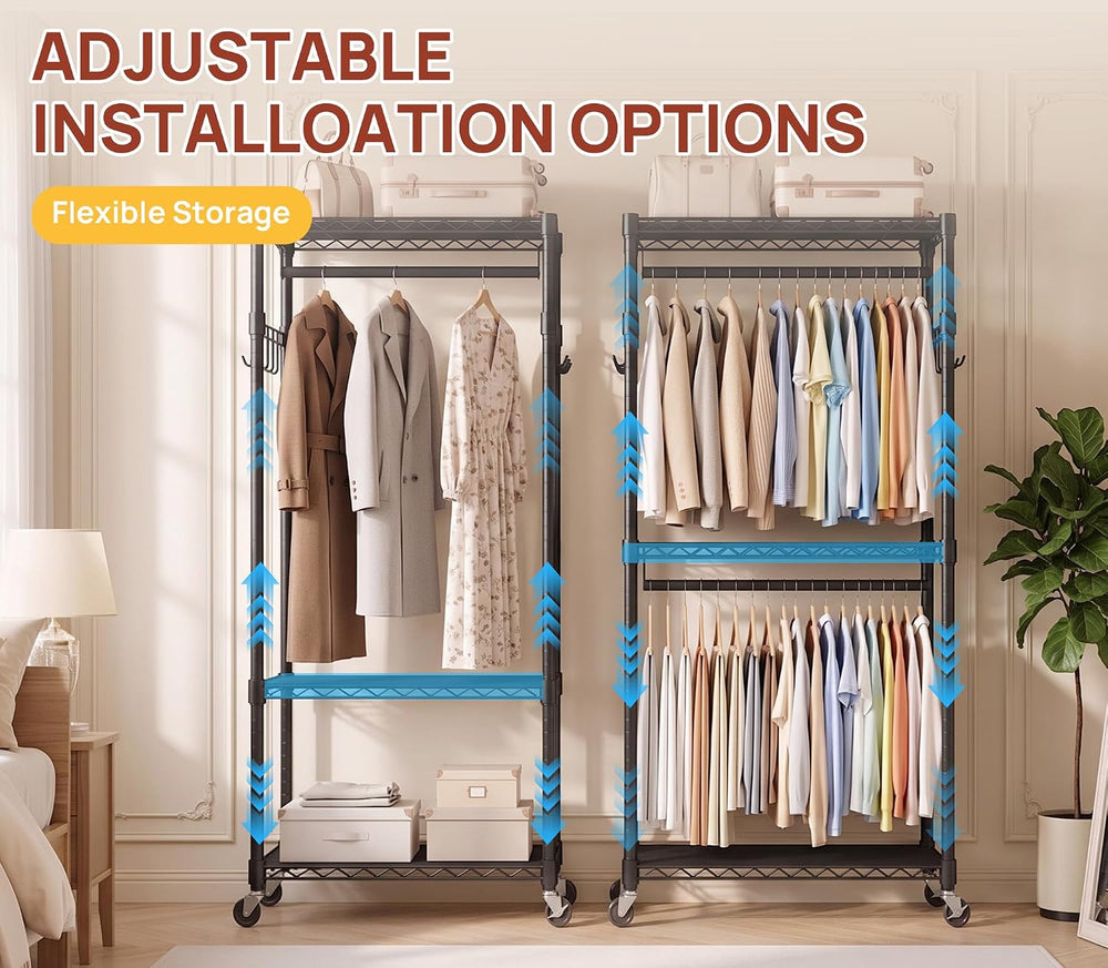 Duty Rolling Rack, 3-Tier Adjustable Clothes Rack with Double Rods, Black