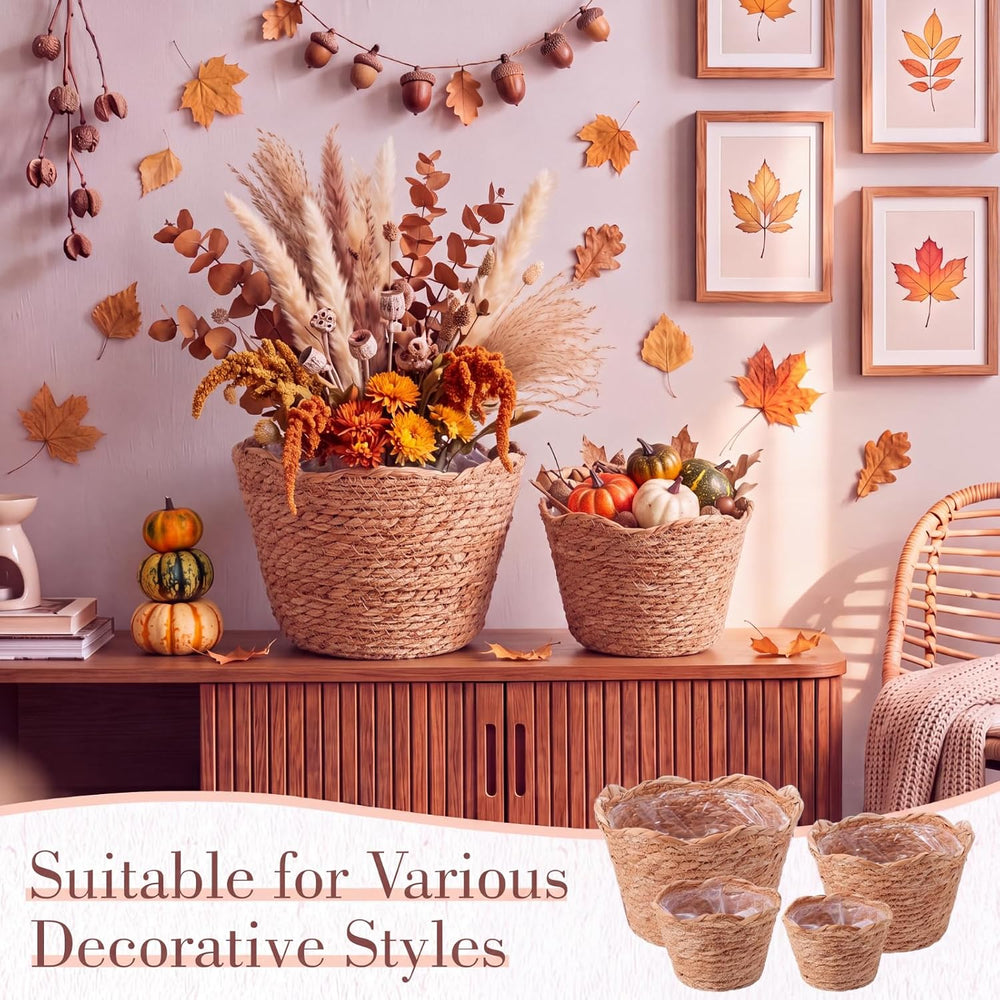 4 Pack Fall Scalloped Wicker Plant Baskets Woven Basket Planter, Wavy