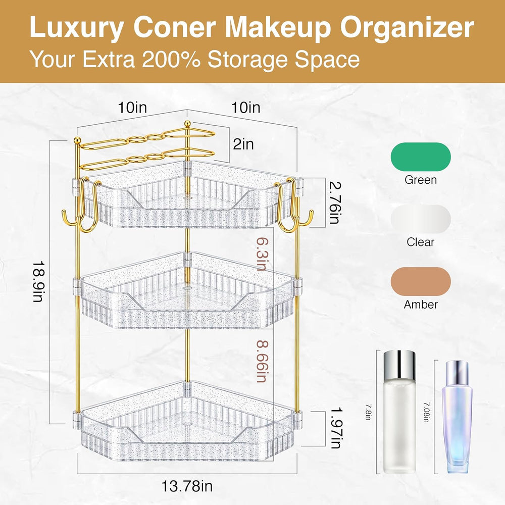 3 Tier Glitter Makeup Organizer Countertop with Makeup Brush Holder & Hooks