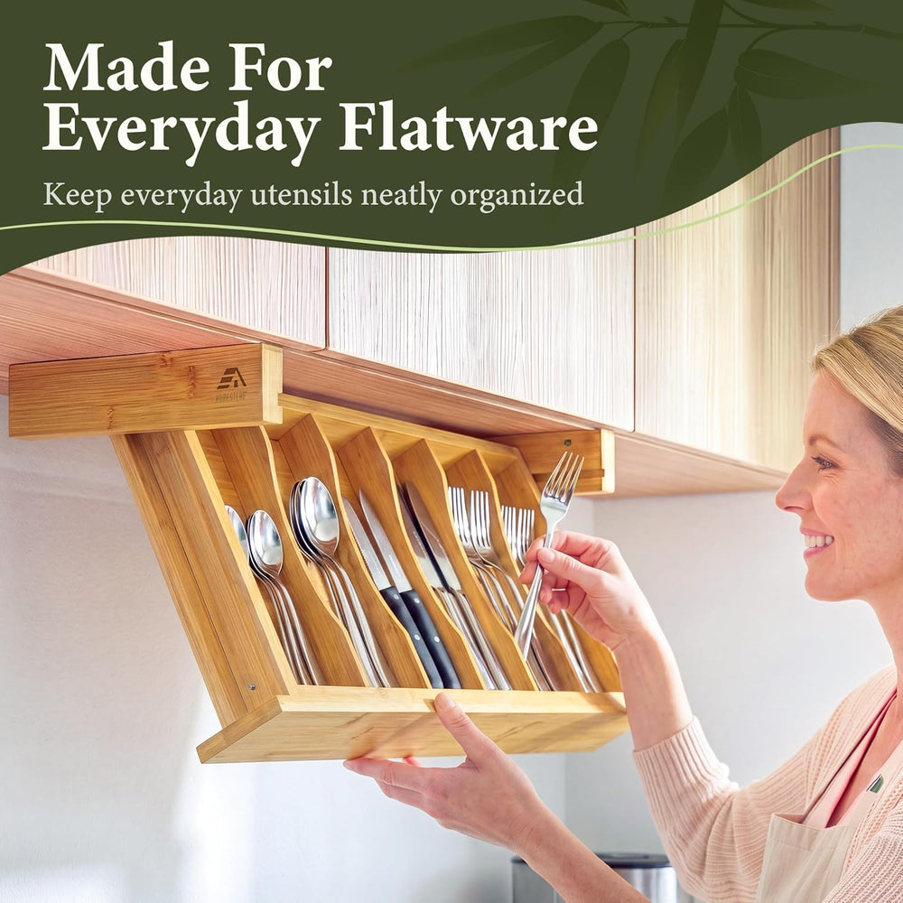 HOMESTEAD Bamboo Silverware Organizer, Under Cabinet Pull Down Storage