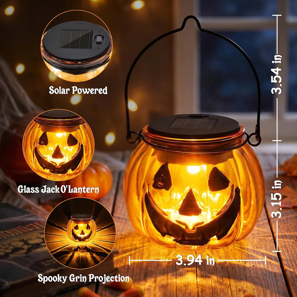 Brizled Halloween Pumpkin Solar Lantern, 2 Pack Glass Hanging Light Outdoor