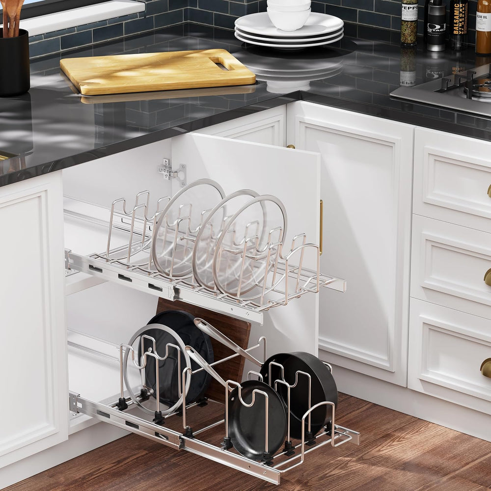 Slide Out Pot Lid Organizer Under Cabinet, Wire Dividers Kitchen Pull Out Pot...