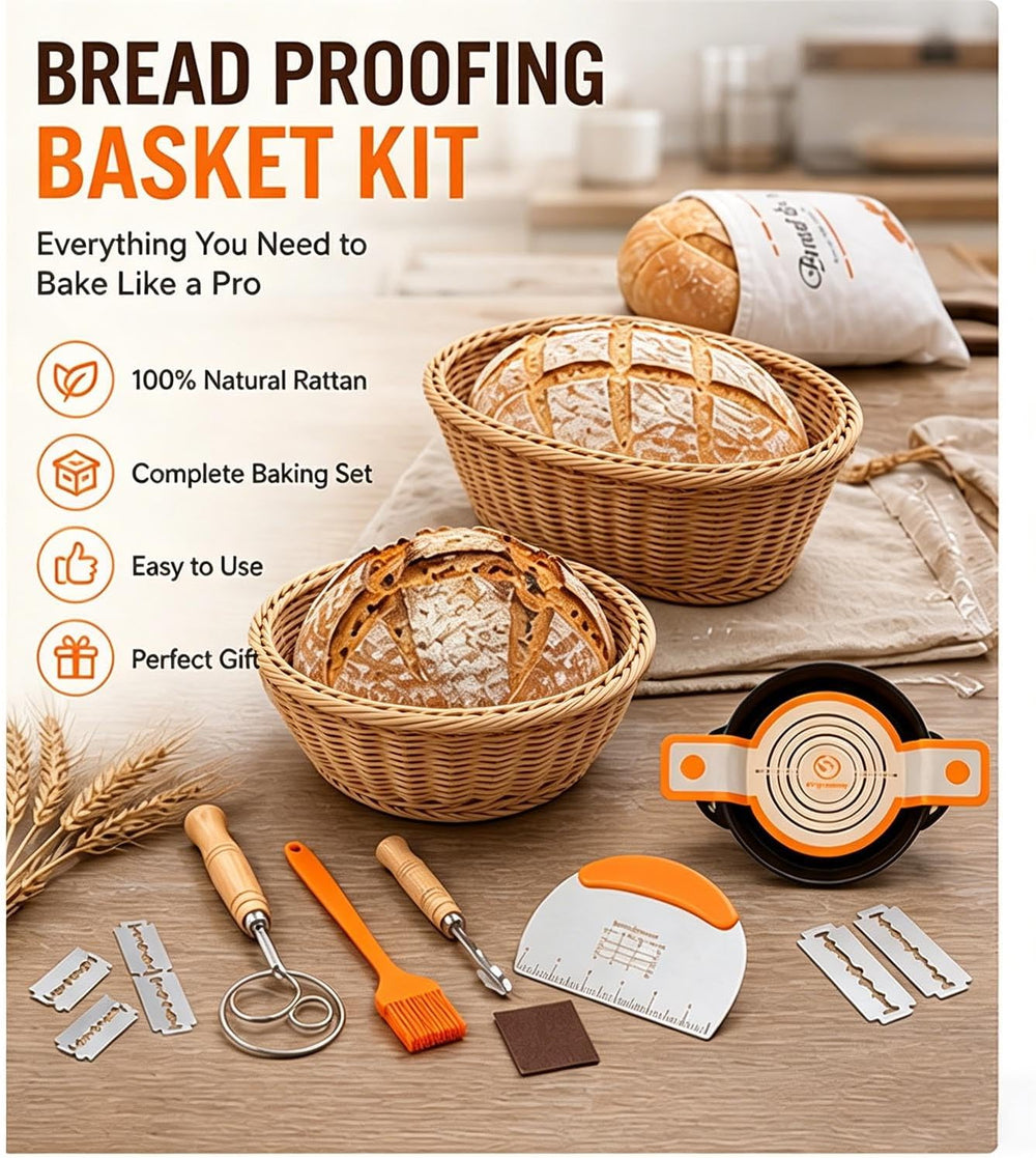 SOURDOUGH Baking Kit, 10" Oval & 9" Round BANNETON Proofing Bas...