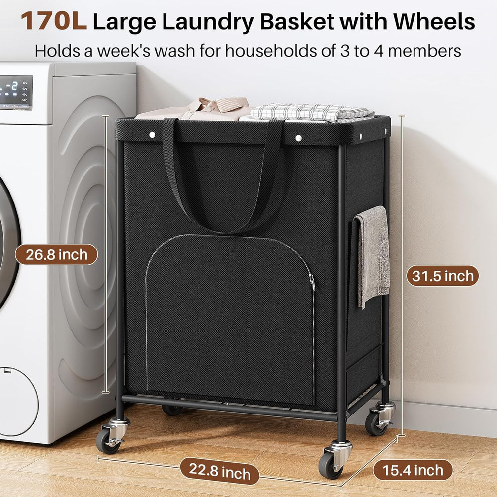 170L Large Laundry Basket with Wheels, Rolling Laundry Hamper Easy Access Clo...