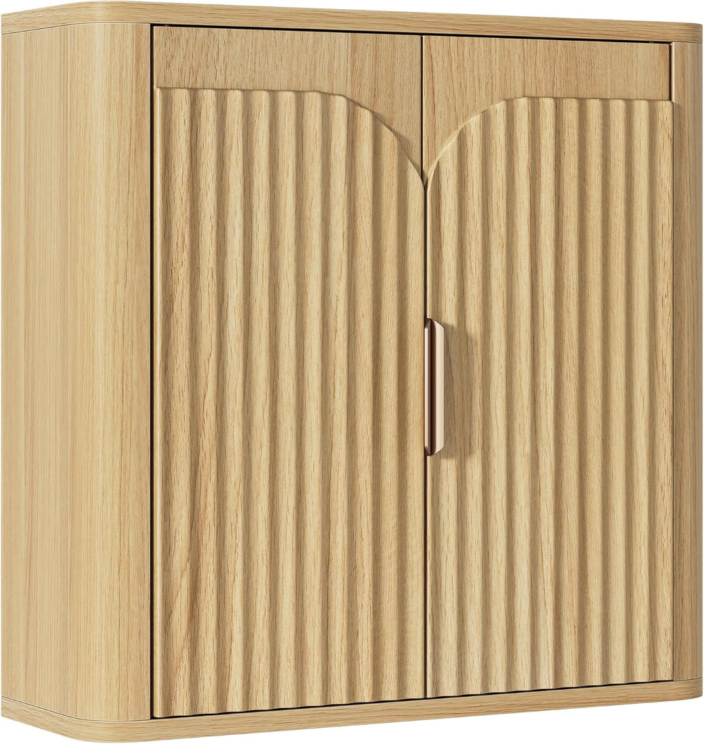 Fluted Bathroom Wall Cabinet with 2 Doors, 3-Tier Wood Wall Mounted Medicine ...