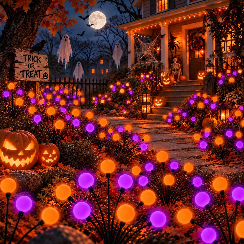 OZS 6 Pack Orange Purple Halloween Decorations Outdoor Solar Firefly Lights