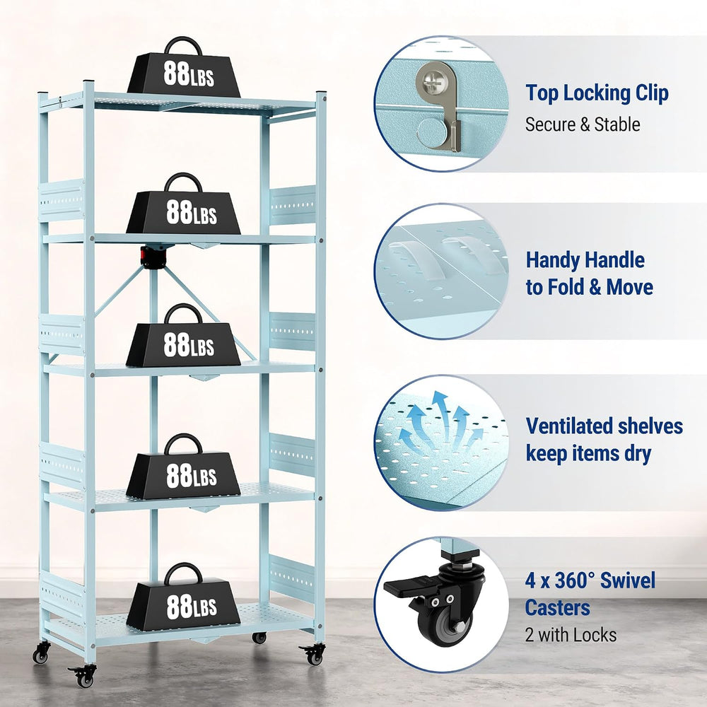 WORKPRO 5-Tier Folding Shelf, No-Assembly Metal Storage Rack with Wheels, 750...