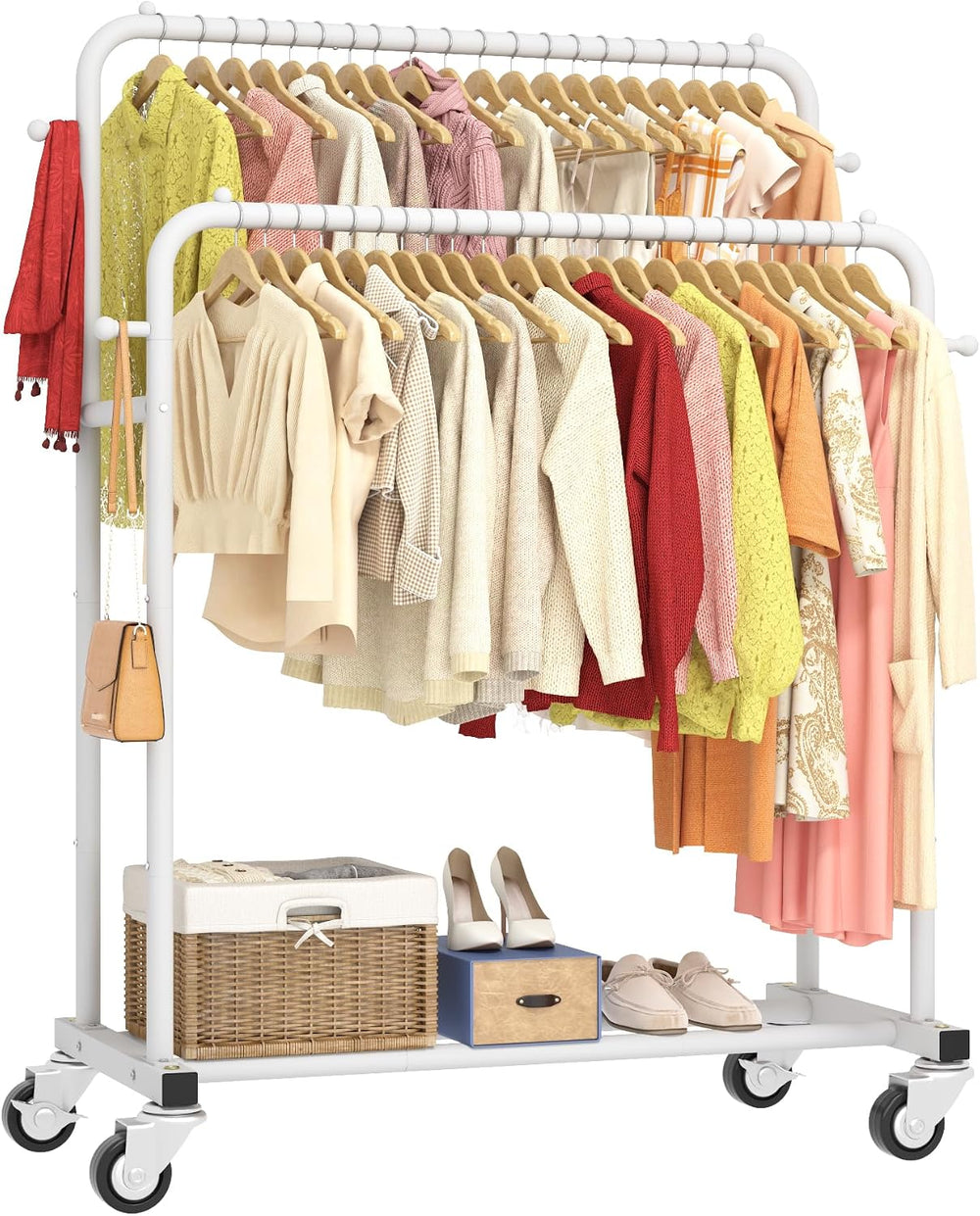 Laiensia Double Rods Garment Rack with Wheels, Clothing Rack for Hanging Clot...