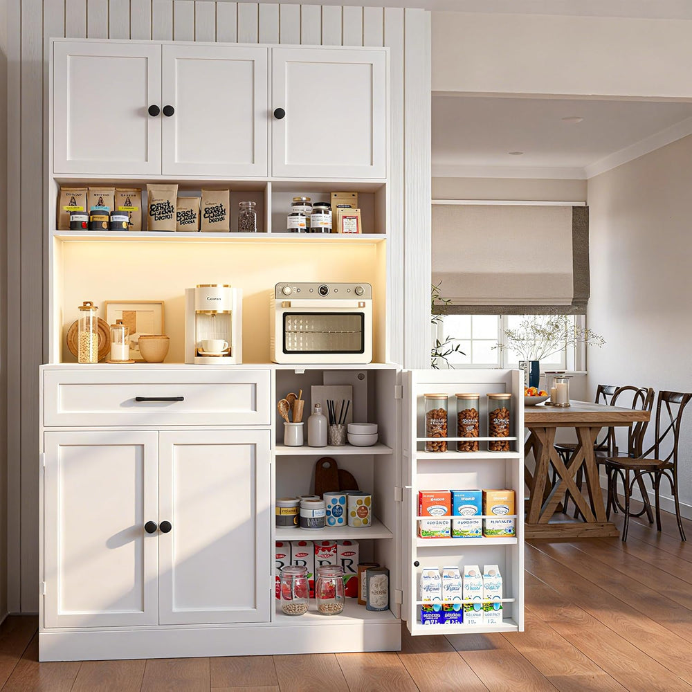 FJTJBSI 72" Kitchen Pantry Cabinet with LED Light and Charging Station T...