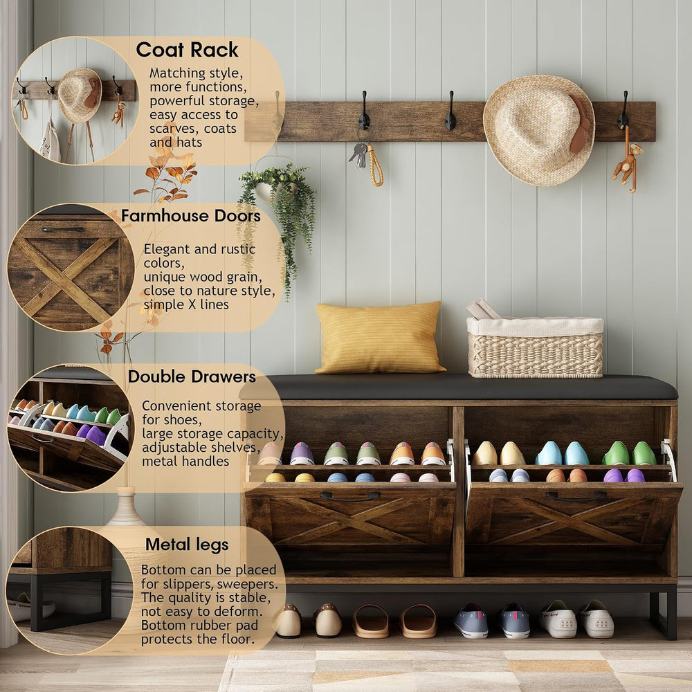 Maupvit Shoe Cabinet with 2 Flip Drawers & Coat Rack, Shoe Storage Bench ...