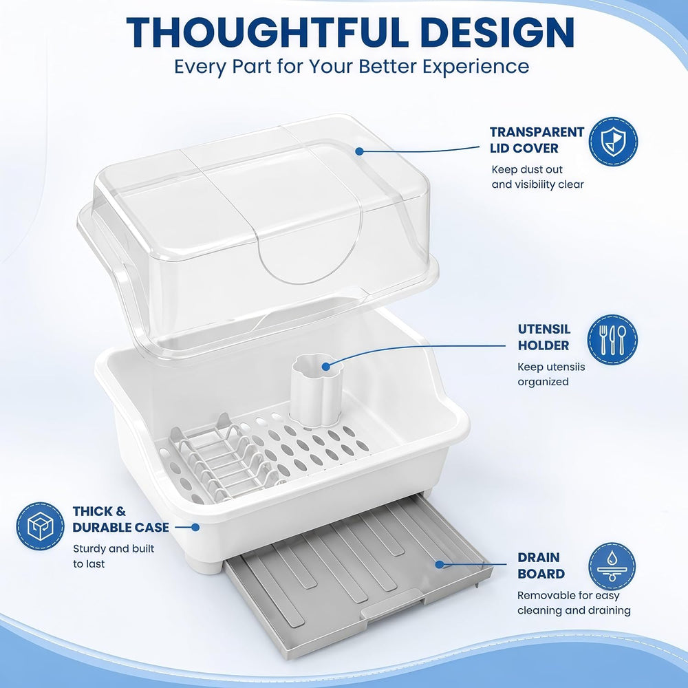 Plastic Dish Drying Rack with Clear Cover Lid, Dust-Proof