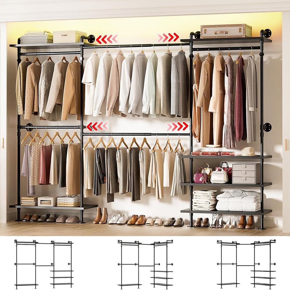 Aheaplus Industrial Pipe Clothing Rack, Expandable Garment Rack, Closet Syste...