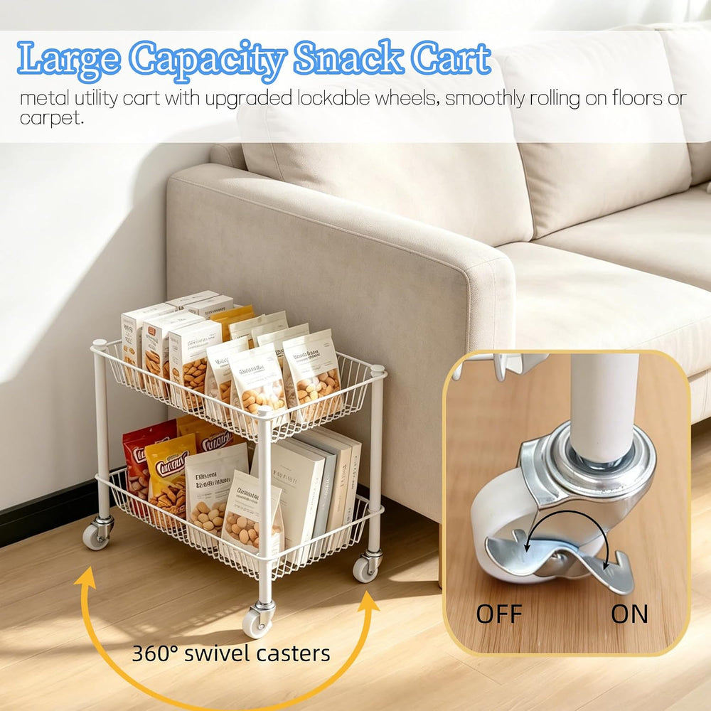 2 Tier Small Utility Cart on Wheels Short Rolling Pantry Cart Thick Metal Wir...