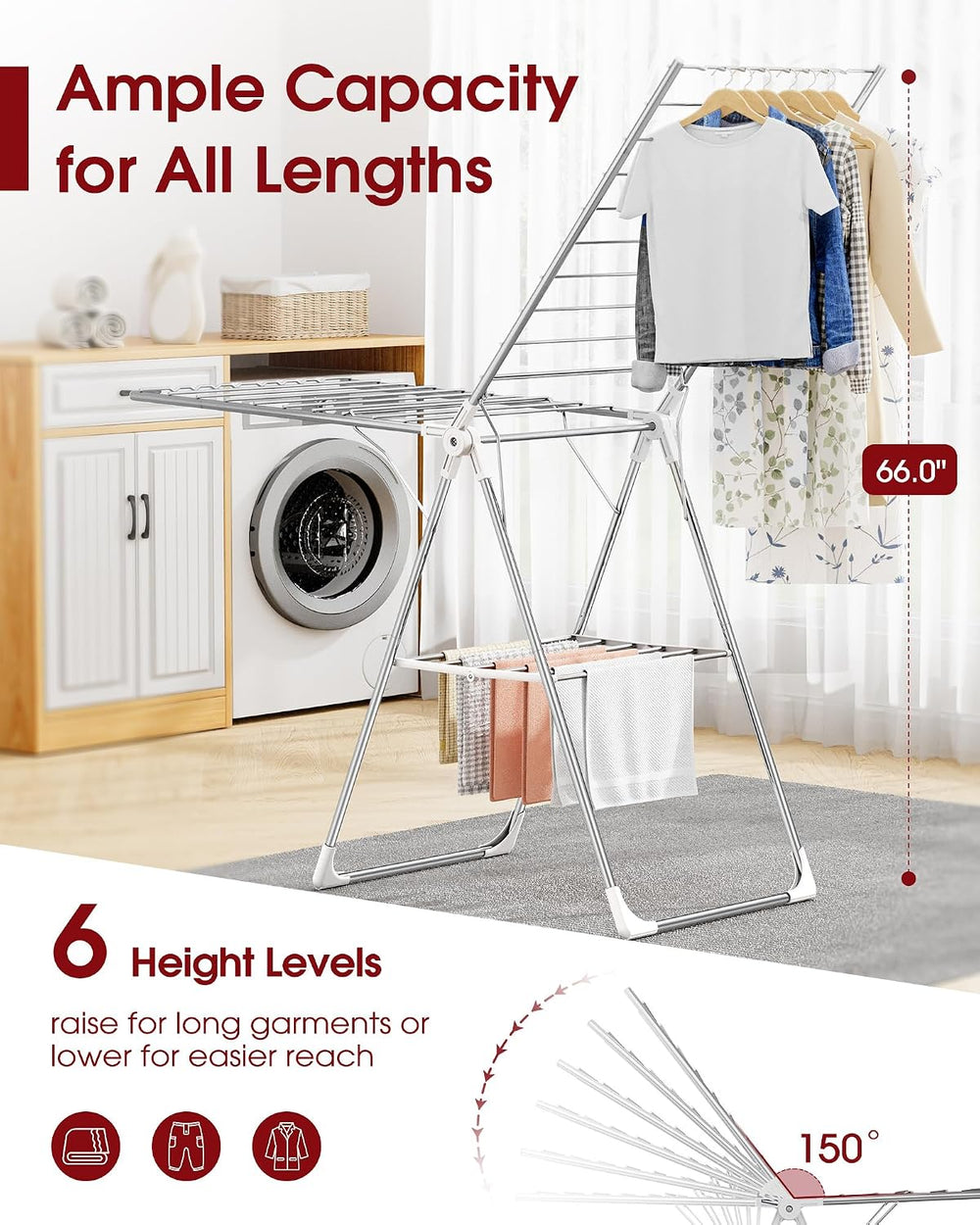 Clothes Drying Rack, 69.5" Adjustable Wings, Foldable Design