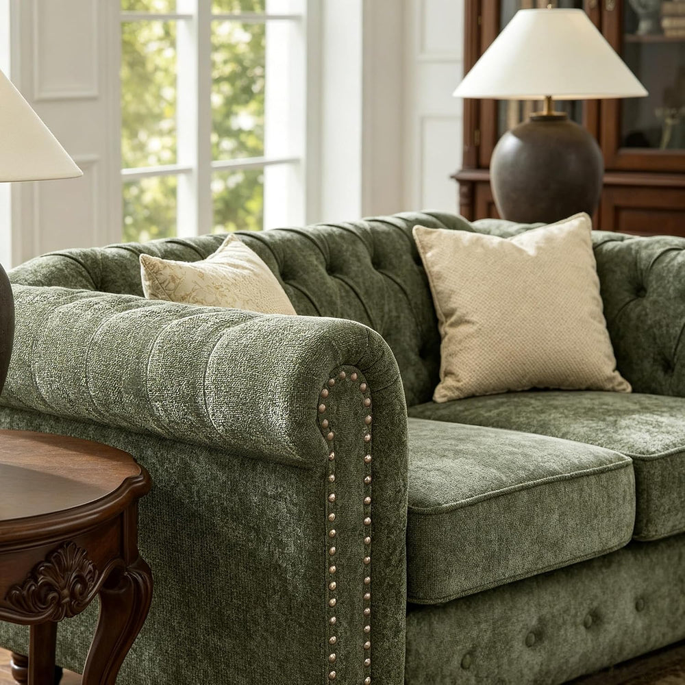 Modern Chesterfield Sofa, Deep Seat Chenille Rolled Arms Couch,Green