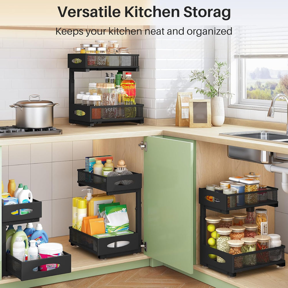 Under Sink Organizer, 2 Tier Pull out Cabinet Organizer Baskets with Mesh Sli...