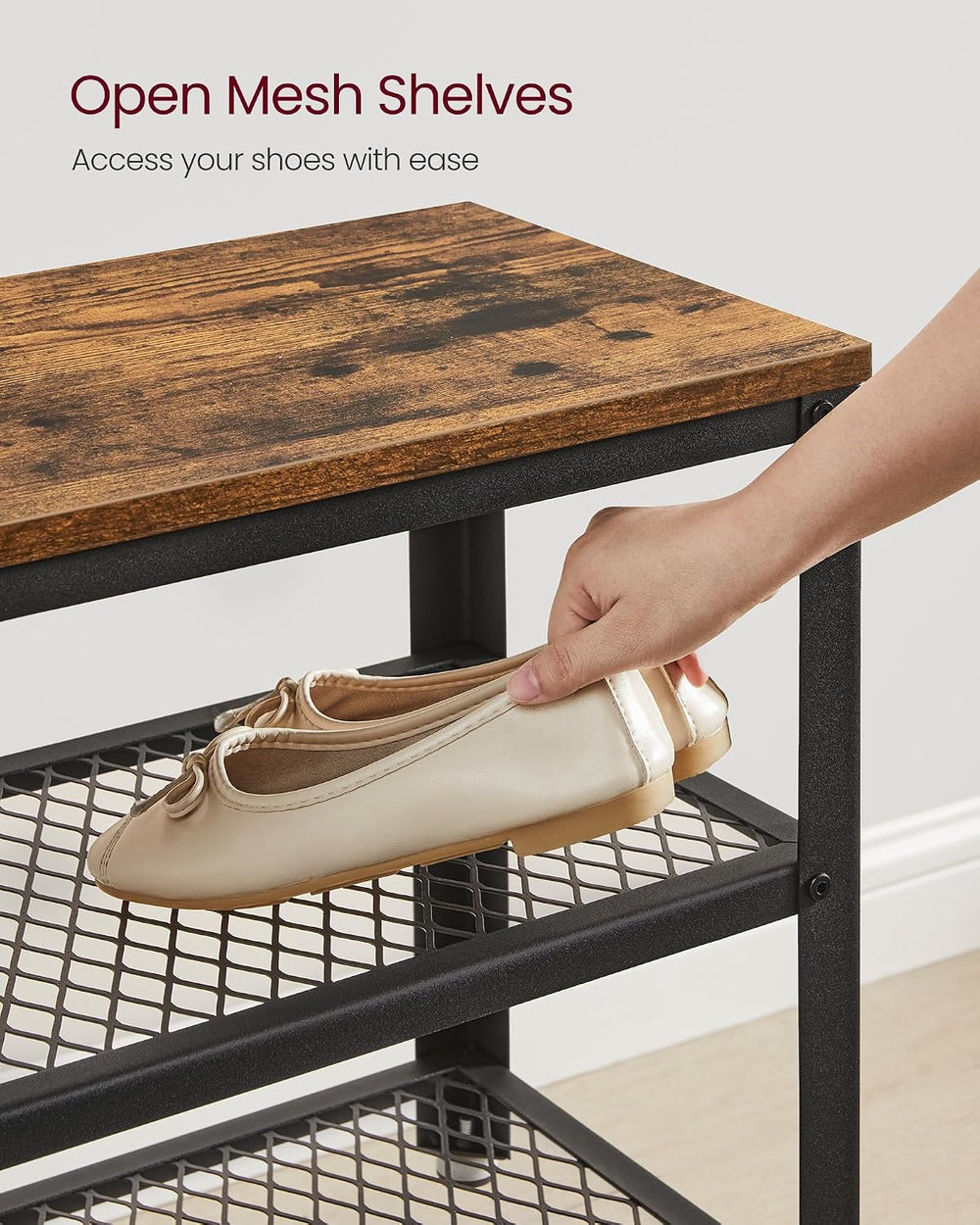 VASAGLE 3-Tier Shoe Rack, Storage Bench with Metal Mesh Shelves and Seat