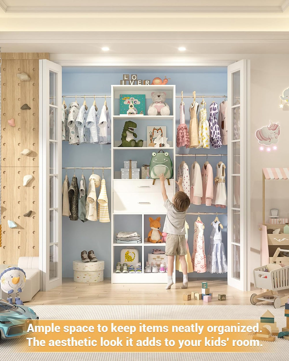 Besiost Small Closet System 3.2-6.8FT Closet Organizer with Wooden Drawers
