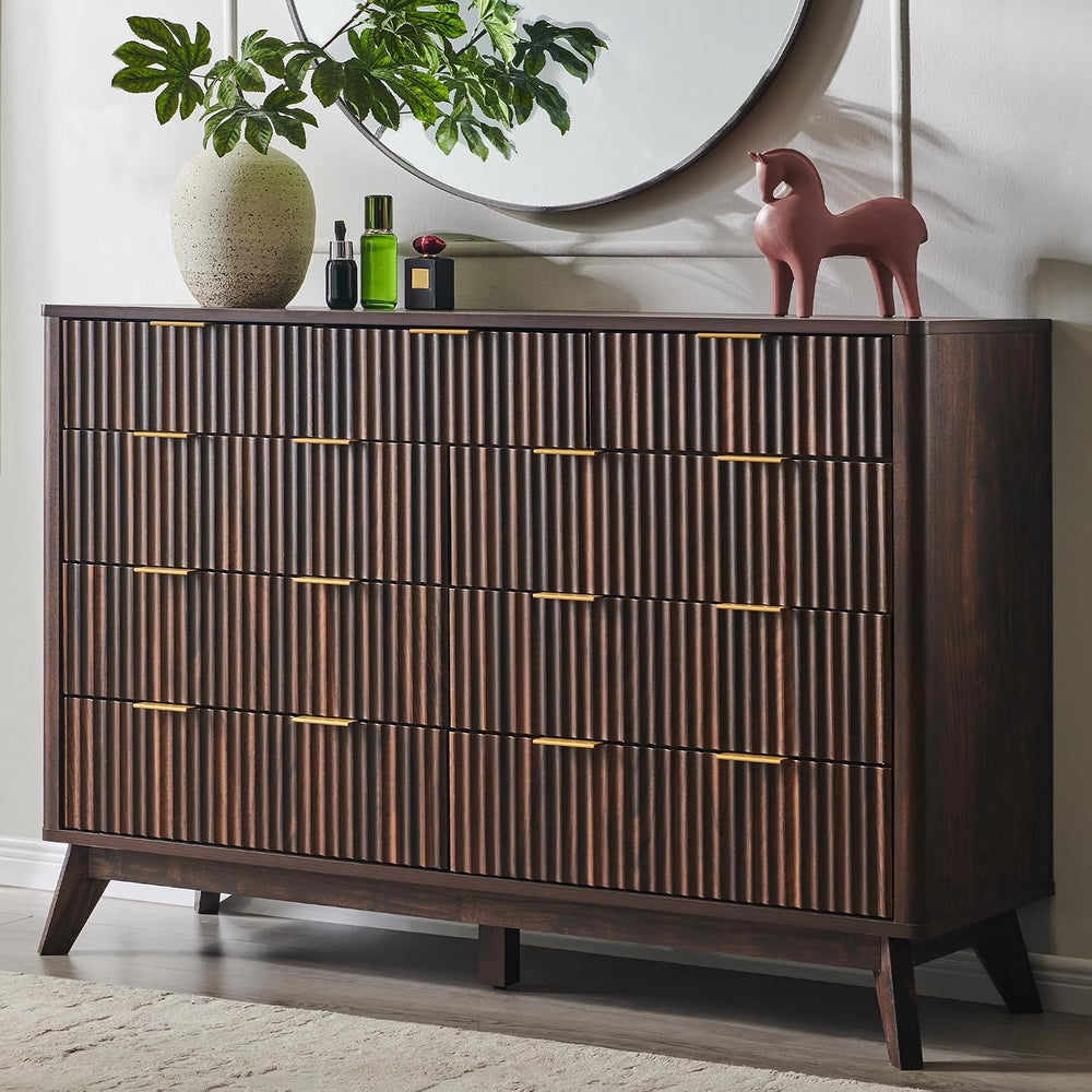 T4TREAM 54" Wide Fluted 9 Drawer Dresser for Bedroom, Dark Walnut