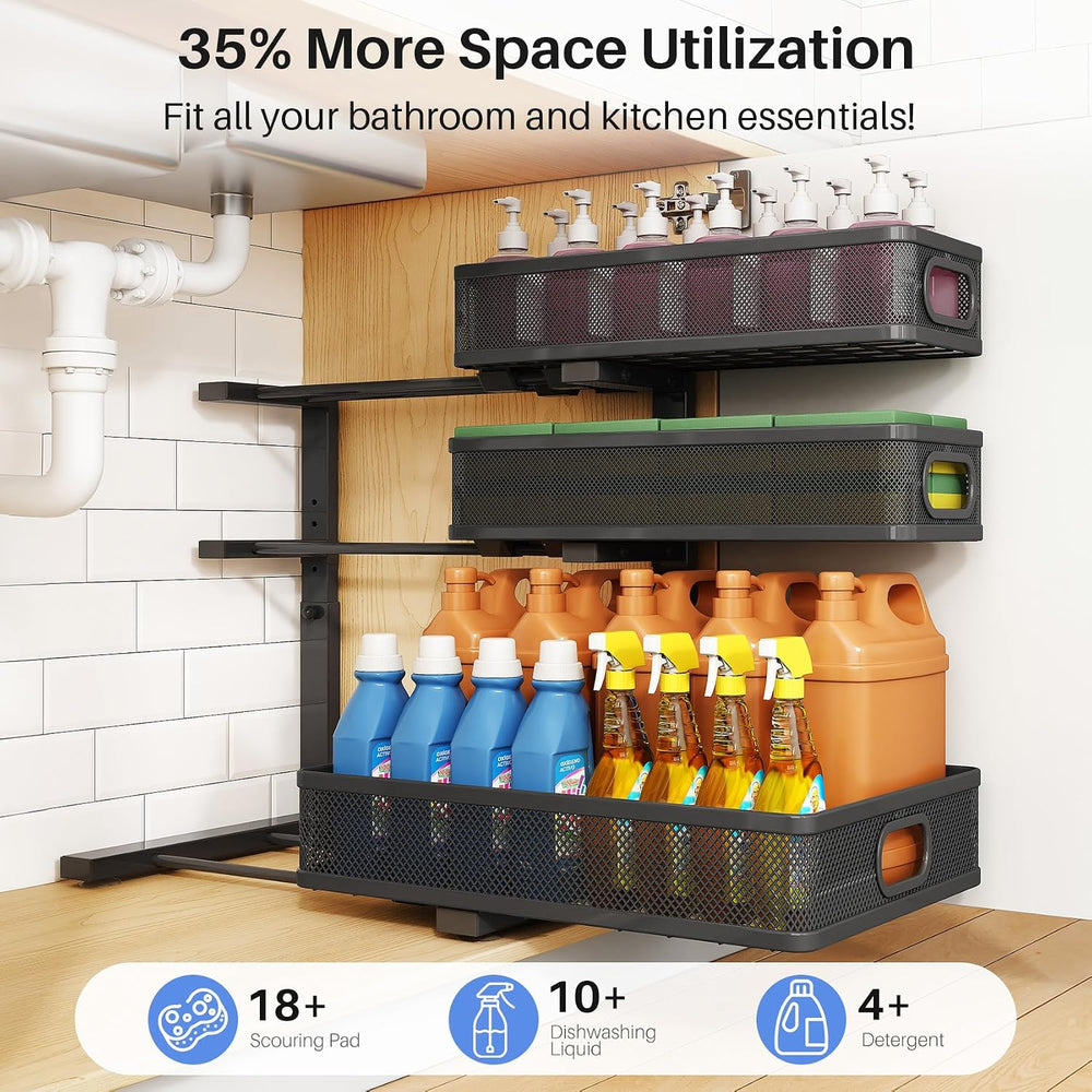Under Sink Organizer, 3-Tier Thickened Metal Pull out Cabinet Organizer Shelf...